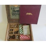 F.H. Ayres Combination of parlour games in wooden box, wooden pieces and pull-out wooden tray,