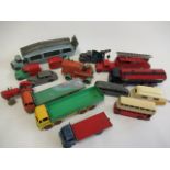 Playworn Dinky vehicles including Foden lorries and tanker, fire engine, tractor and vans, some