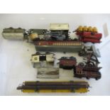 Playworn rolling stock by Hornby and others including No 2 L.M.S. coach, barrel wagon, log wagon and