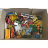 Playworn diecast vehicles by Matchbox, Dinky and others including farm trailers, cement truck,