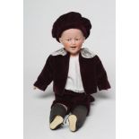 A Gebruder Heubach bisque shoulder head character boy doll, with moulded eyes, moulded hair, open