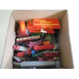 Playworn Triang trains including American locomotive, goods truck, coaches and track, F-P (Est. plus