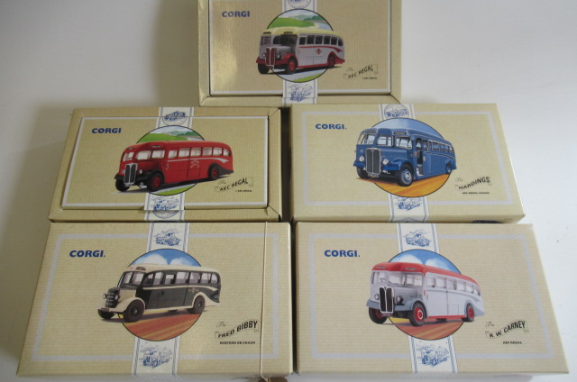 Five Corgi Classic Bus Models comprising four A.E.C. Regal and Bedford OB, all items boxed, E (