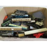 Playworn trains by Hornby and others including Schools Class, Stowe, coaches, goods wagons and