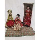 Three dolls, comprising a boxed Indian doll, with composition head, painted features and traditional