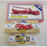 Corgi Classics La-France pumper fire truck, La-France ladder truck, and Simon Snorkel fire engine,