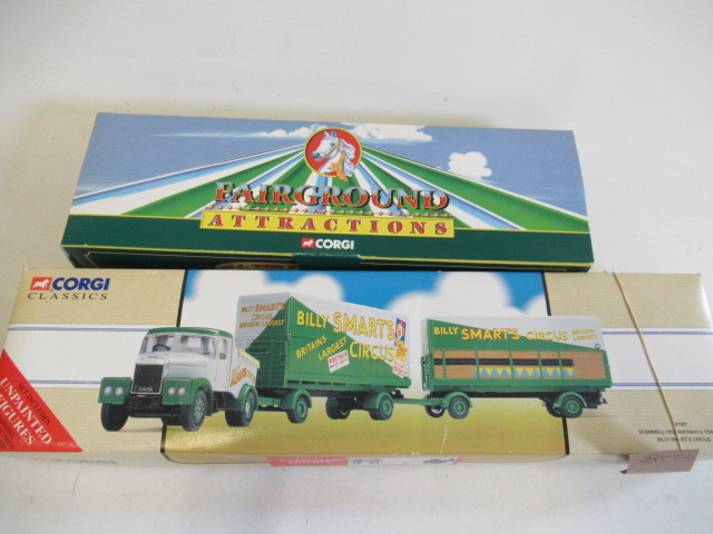 Harris's Amusements Diamond T Lorry and Billy Smart's Scammell and Trailers, boxed E (Est. plus