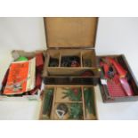 Playworn red and green Meccano parts in wooden box, F-P (Est. plus 21% premium inc. VAT)