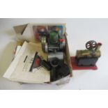 Playworn Mamod steam engines including No.2 stationary engine and steam road roller, some parts