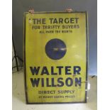 A large enamelled advertising sign for Walter Willson in yellow and blue, approx. 6ft tall, bend