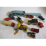 Playworn Dinky vehicles including car transporter, Dinky Service Truck and Guy Flat Bed Lorry, P (