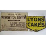 Enamel post sign for Lyons Cakes, rusting to post fixing, some loss of enamel to lettering, and a