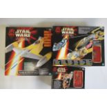 Three Hasbro Star Wars toys comprising Battle Droid with firing laser missiles, Anakin Skywalker and