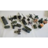 Diecast military vehicles including field guns, tanks, armoured cars by Britains, Dinky and