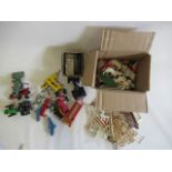 Playworn Britains farm vehicles and accessories including tractors and trailers, animals, fencing