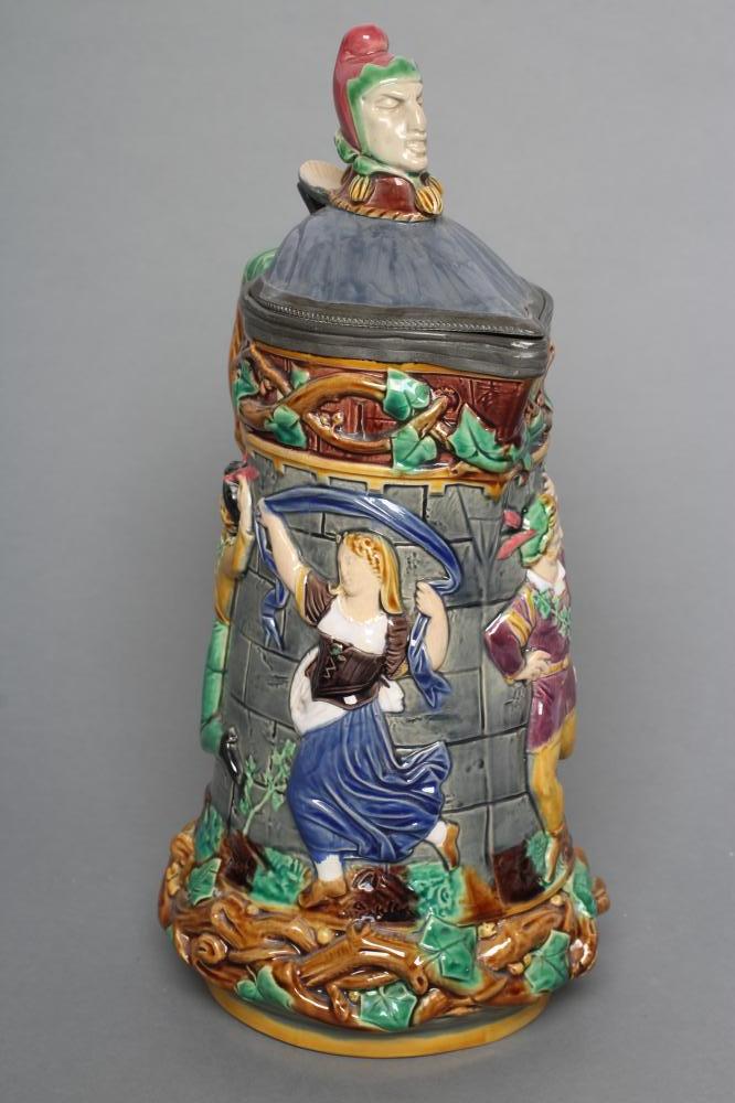 A VICTORIAN MINTON MAJOLICA "TOWER" JUG, the pewter hinged cover with Mr Punch finial, impressed - Image 2 of 6