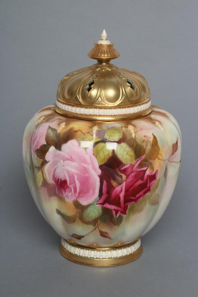 A ROYAL WORCESTER CHINA POT POURRI VASE AND COVERS, 1912, of melon fluted form painted in polychrome - Image 6 of 7