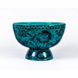 A PERSIAN KASHAN POTTERY LARGE PEDESTAL BOWL of plain circular form, painted with fish and
