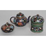 A CHINESE CLOISONNE ENAMEL MINIATURE TEAPOT AND COVER of squat globular form enamelled in colours