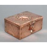 AN ARTS AND CRAFTS COPPER BOX BY JOHN PEARSON, of plain oblong form, the oak carcass with