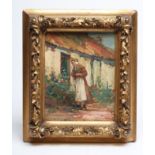 KERSHAW SCHOFIELD (1875-1941), Old Lady before a Cottage Door, oil on board, signed to reverse and