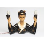 A RETRO DURON TRETCHIKOFF STYLE CHALK WARE LAMP BASE, modelled as a Japanese lady with her two hands