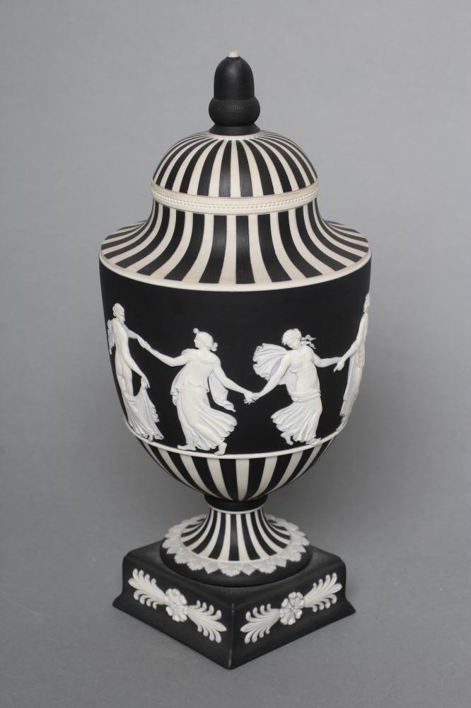 A WEDGWOOD BLACK JASPER DIP "DANCING HOURS" VASE AND COVER, late 20th century, impressed marks, - Image 2 of 5