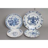 FOUR DUTCH DELFT PLATES, late 18th and 19th century, all painted in blue with various patterns,