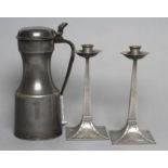 A PAIR OF "CORNISH" PEWTER ARTS AND CRAFTS STYLE CANDLESTICKS by James Dixon, Sheffield, of