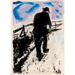 BILLY CHILDISH (b.1959), Man Walking up a Snowy Slope, etching with hand colouring, on Somerset