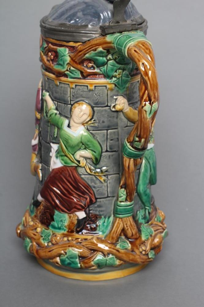 A VICTORIAN MINTON MAJOLICA "TOWER" JUG, the pewter hinged cover with Mr Punch finial, impressed - Image 5 of 6