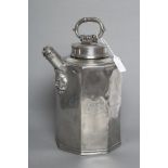 AN EXCEPTIONALLY LARGE PEWTER PRISM FLASK, German 18th century, the screw top lid with "Baroque"