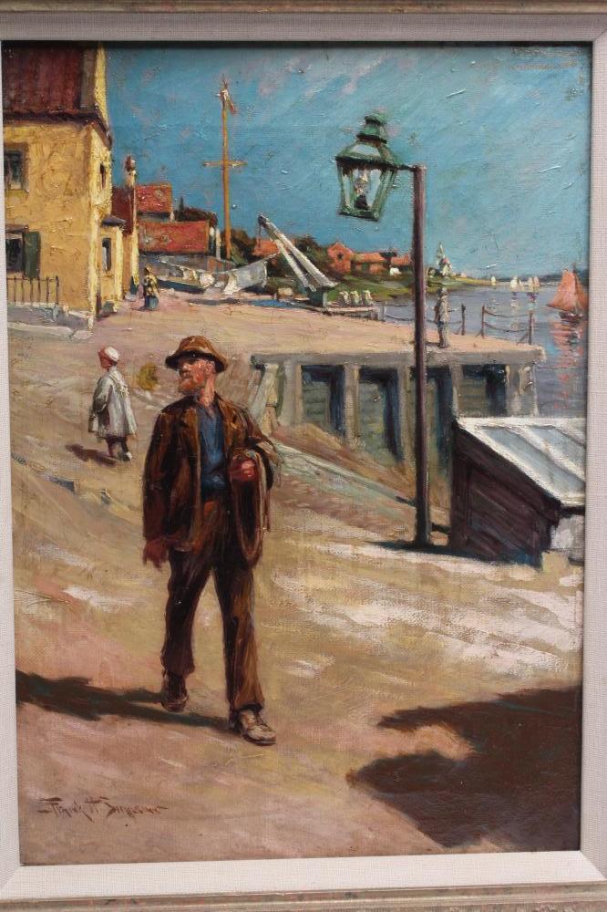 FRANK H SIMPSON (19th/20th Century), Fishing Village with Figure in the Foreground, oil on canvas, - Bild 2 aus 3