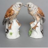 A PAIR OF SAMSON PORCELAIN KESTRELS, late 19th century, one perched upon a leafy branch, the other