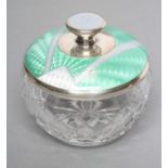 AN ART DECO CIRCULAR GLASS DRESSING TABLE JAR with silver cover, maker's mark W? Ltd., Birmingham