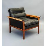 A HANS OLSEN FOR VATNE MOBLER ROSEWOOD ARMCHAIR, model 500, 1950's, upholstered in black leather