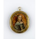 ENGLISH SCHOOL (Late 17th Century), A Lady with a feathered headdress, unsigned oval miniature on