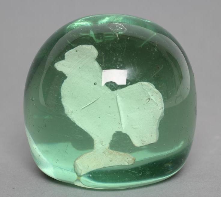 A VICTORIAN GREEN GLASS DUMP of plain domed form enclosing a cockerel sulphide, 2 1/2" high (Est. - Image 2 of 3