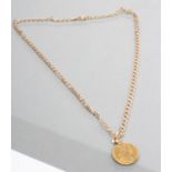 A GEORGE III GOLD HALF GUINEA, 1781, hard mounted as a pendant, fixed to a flat curb link chain,