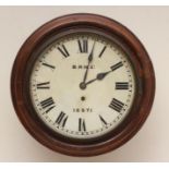 A VICTORIAN OAK RAILWAY TIMEPIECE with single fusee movement, 10" enamel dial with Roman numerals