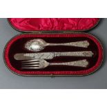 AN EDWARDIAN SILVER CHRISTENING SET, maker Ackroyd Rhodes, London 1908, the spoon, knife and fork