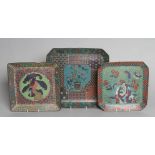 TWO CHINESE CLOISONNE ENAMEL SQUARE TRAYS with canted angles inlaid in sombre colours, one with a