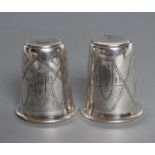 TWO RUSSIAN KIDDISH CUPS, 1896-1908, assayer's marks indistinct, of flared cylindrical form engraved