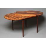 A DANISH DESIGN ROSEWOOD EXTENDING DINING TABLE, 1960's, the D ended top veneered in a parquetry