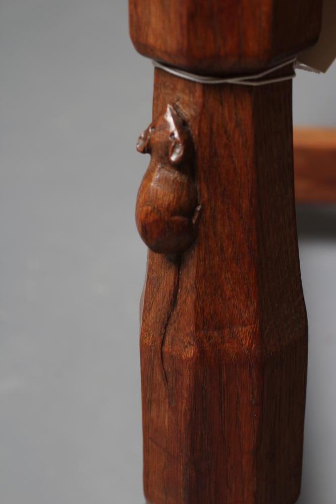 A PAIR OF ROBERT THOMPSON CARVED OAK HALL CHAIRS, the twin panel back bearing the Horlick crest - Image 5 of 5