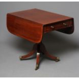 A REGENCY MAHOGANY PEMBROKE TABLE of rounded oblong form with stringing, the banded top over