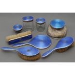 A COMPOSITE ART DECO SEVEN PIECE DRESSING TABLE SET, maker Cole Bros., Birmingham 1928, the sky blue