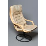 A SWEDISH BENTWOOD ARMCHAIR, mid 20th century, the canvas seat with button-on caramel leather(?)