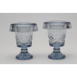 A PAIR OF BLUE/GREY GLASS URNS, 20th century, of flared cylindrical form with deep everted slice cut