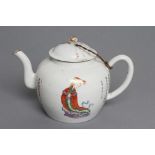 A CHINESE PORCELAIN TEAPOT AND COVER of rounded cylindrical form, painted in coloured enamels with a